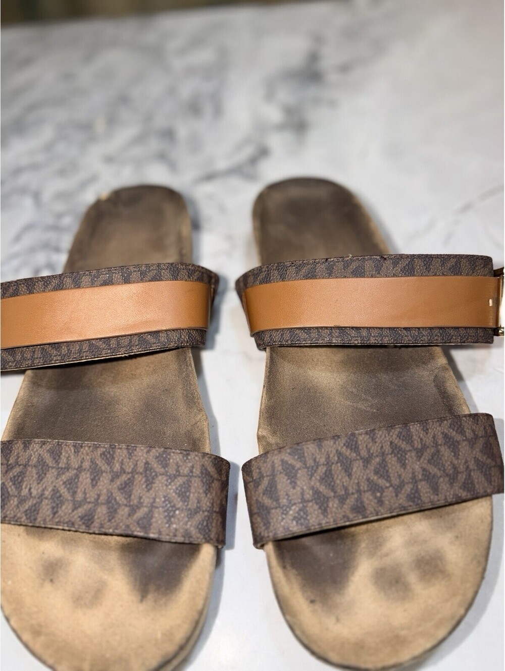 Michael Kors Womens 9M Brown MK Logo Double Strap Slide Sandals Gold Buckle